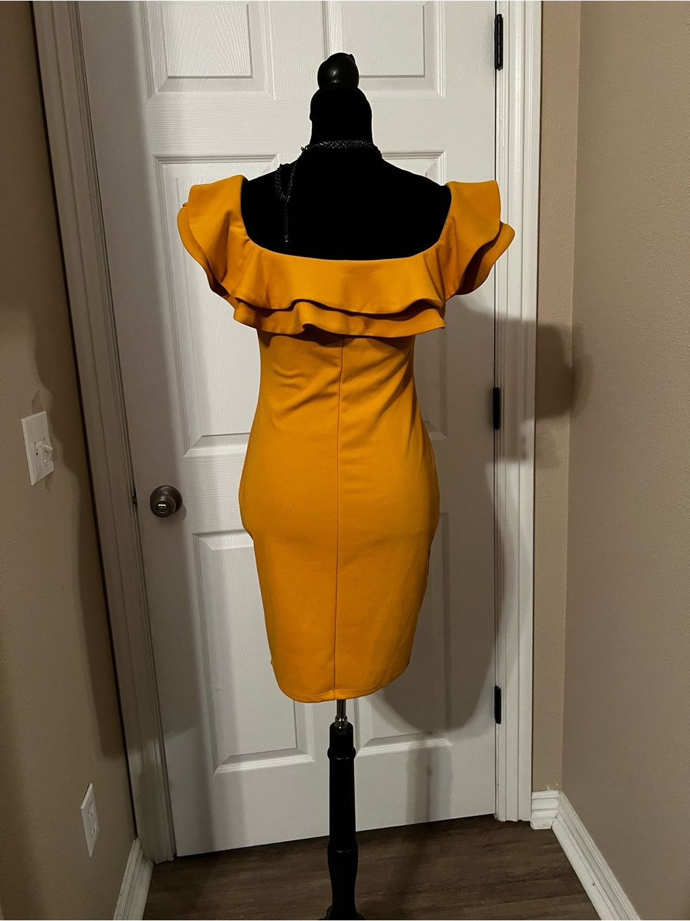 Mind Code Mustard Off-Shoulder Ruffle Bodycon Dress - Picture 5 of 6